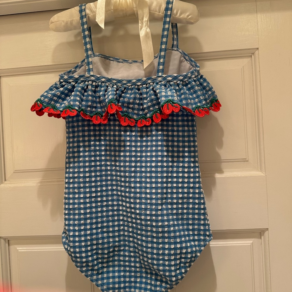 Mini Boden Blue and White seersucker cherry detail Swimsuit - Picture 5 of 7